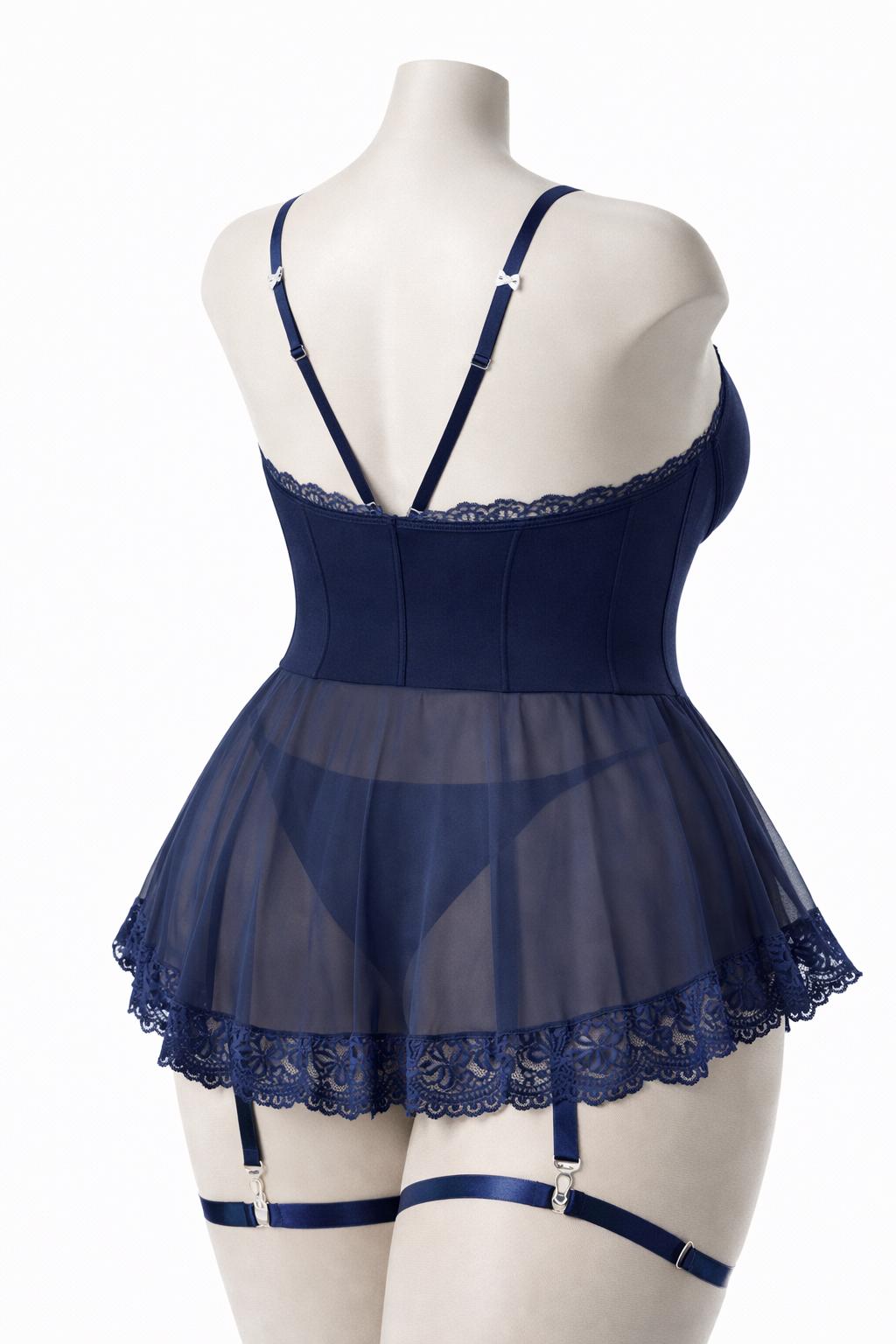 Ensemble 4 pièces bleu marine avec détail en dentelle