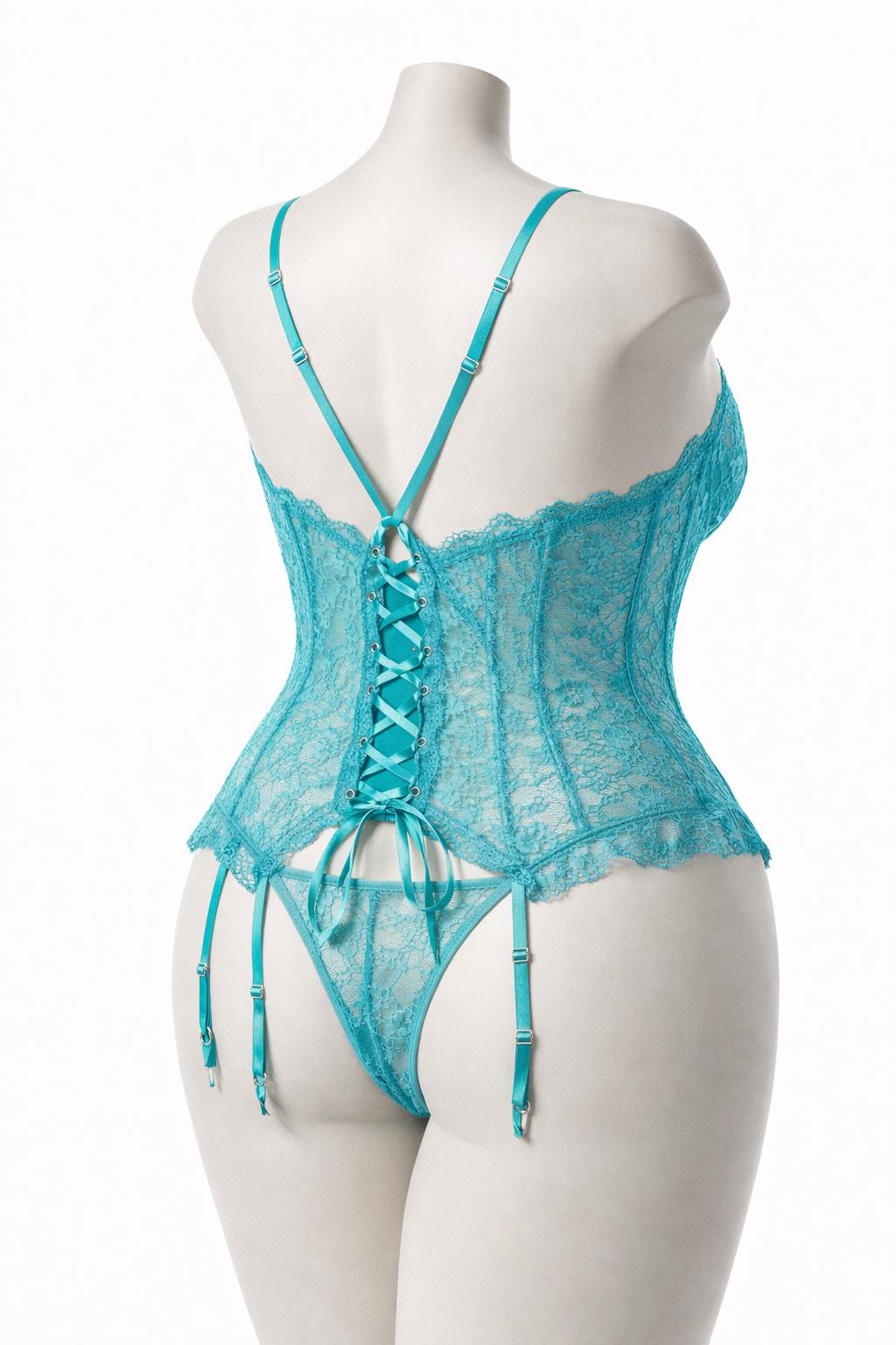 Ensemble 4 pièces en dentelle turquoise - Style guêpière