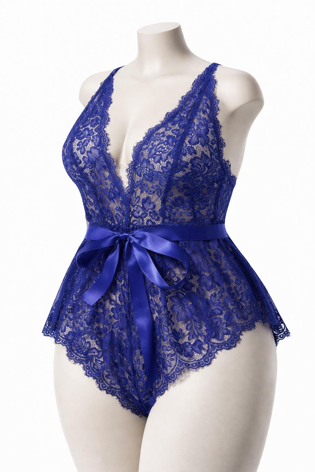 Body transparent en dentelle bleu roi