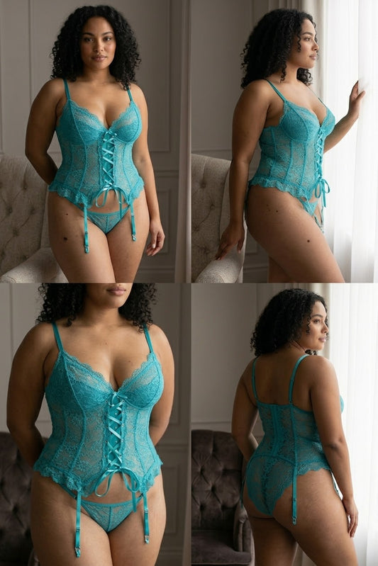 Ensemble 4 pièces en dentelle turquoise - Style guêpière