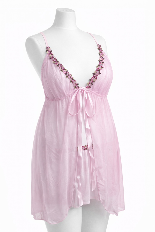 Robe lingerie transparente rose