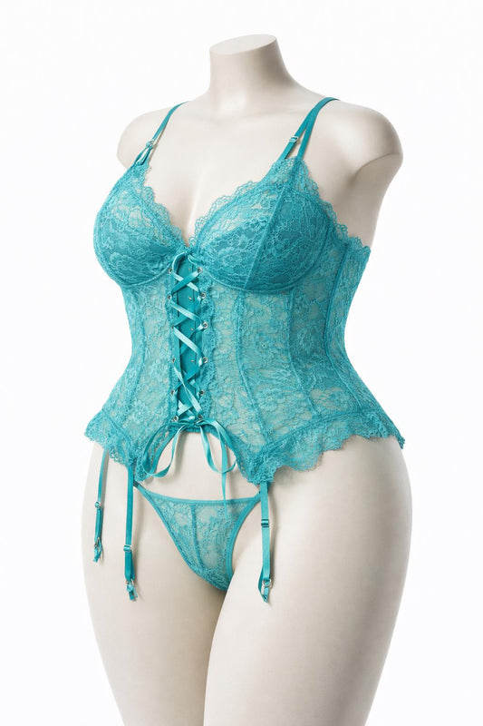 Ensemble 4 pièces en dentelle turquoise - Style guêpière