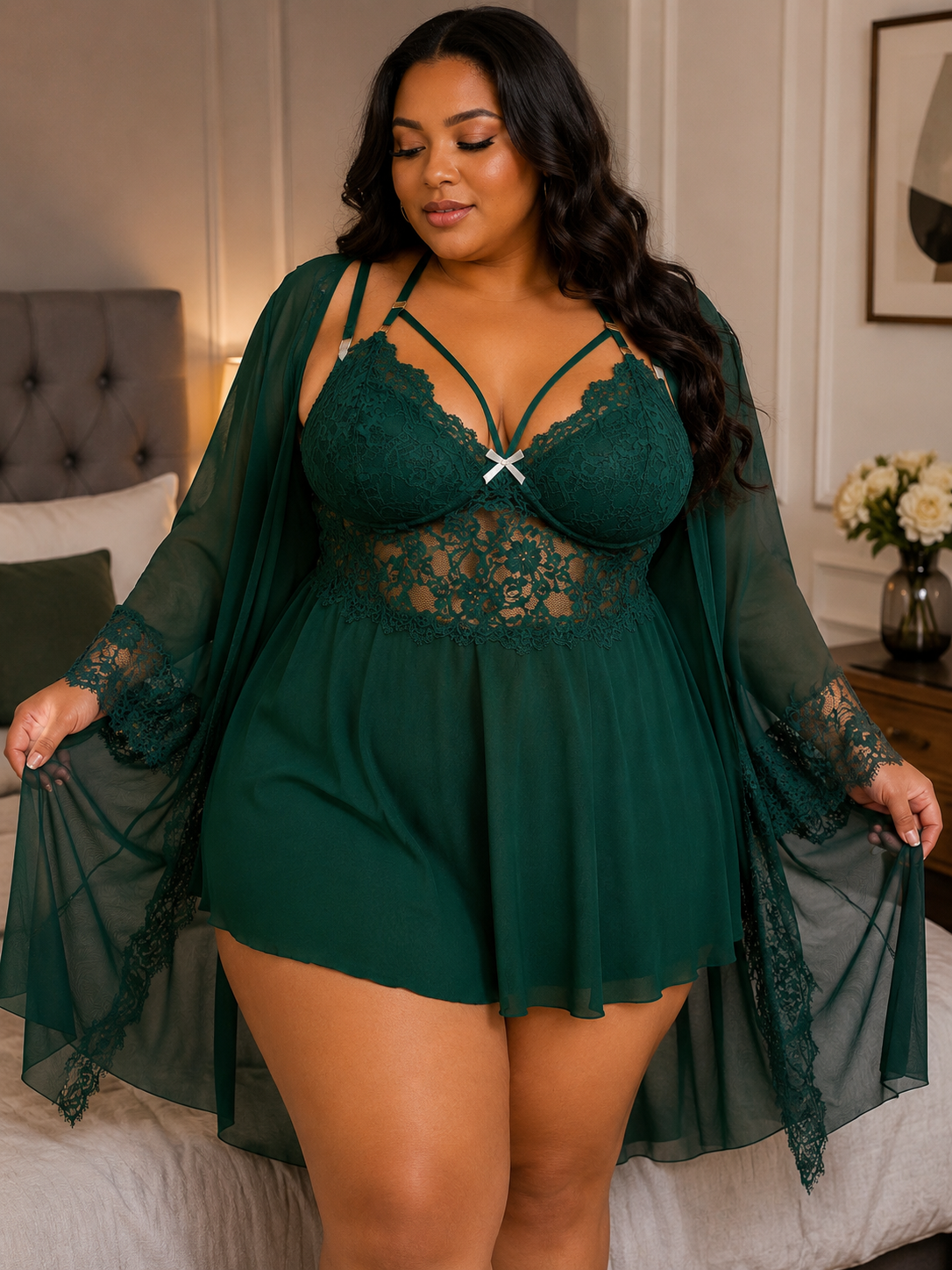 Ensemble nuisette et peignoir transparent