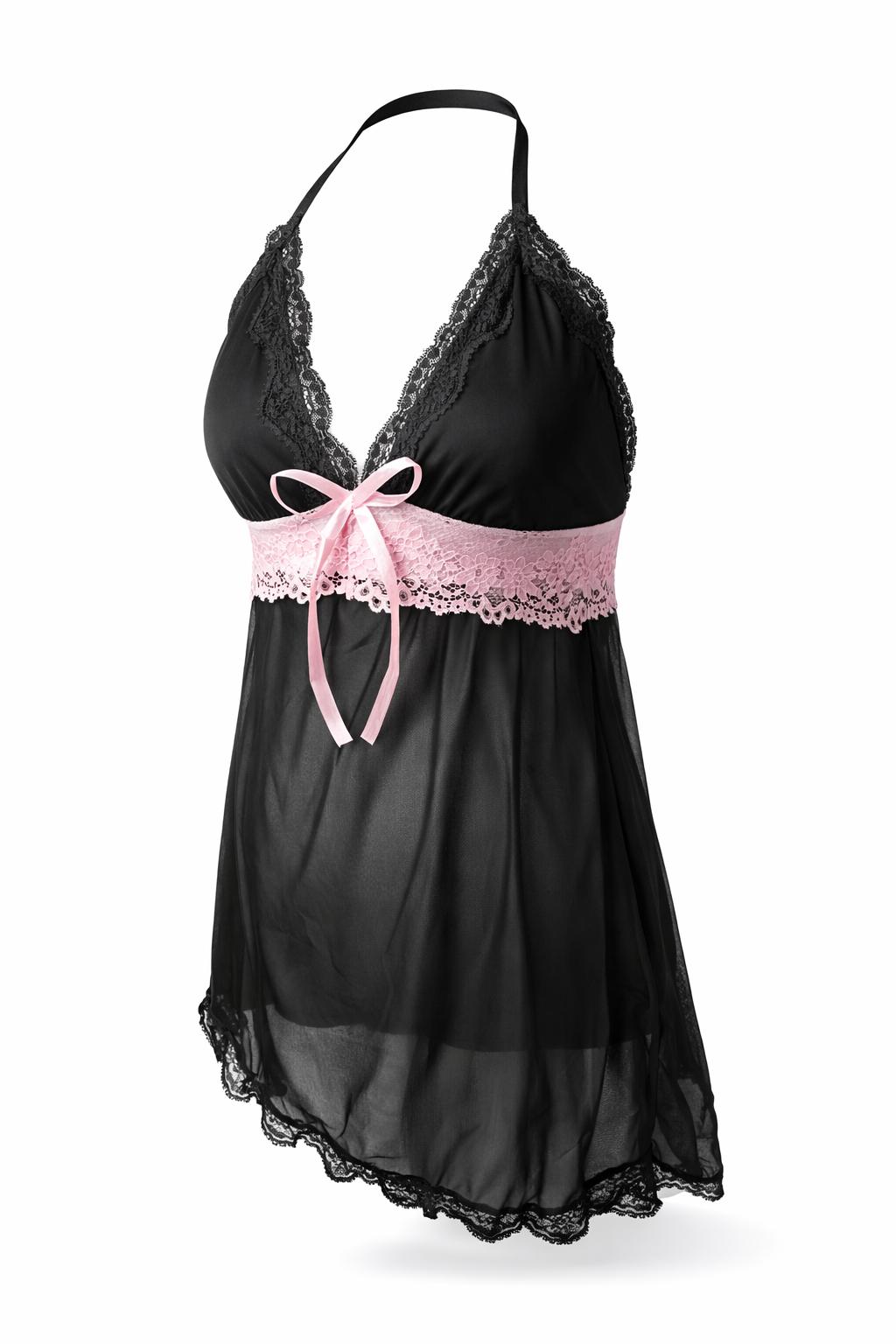 Nuisette élégante noir avec détails en dentelle rose